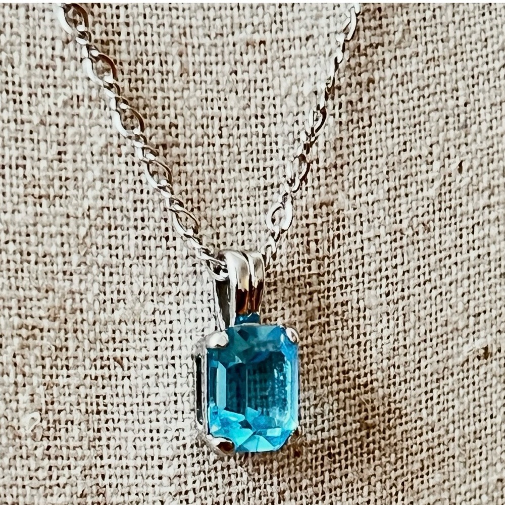 Genuine Swiss Blue Topaz Emerald Cut Pendant & 925 Sterling Chain Gabriel & Co.